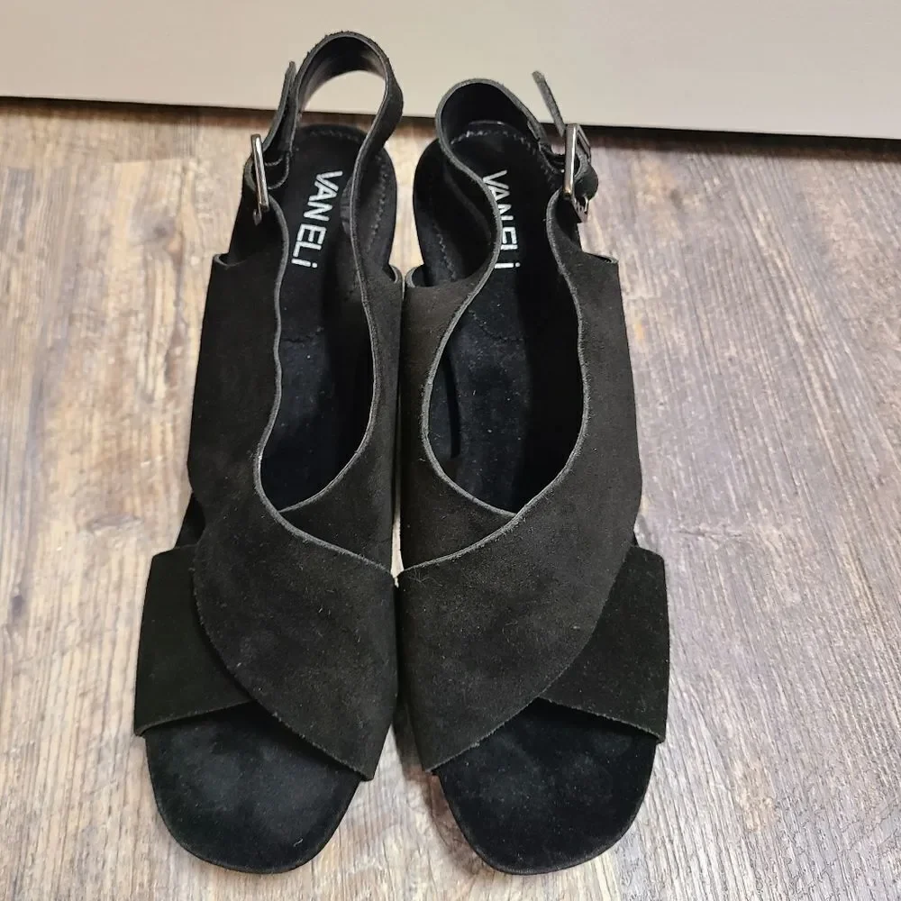 Vaneli Black Suede Thick Strappy Heeled Sandals - Picture 3 of 10